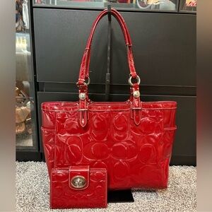 Coach Gallery Tote and Wallet Set with Dusty (Red Patent Leather)